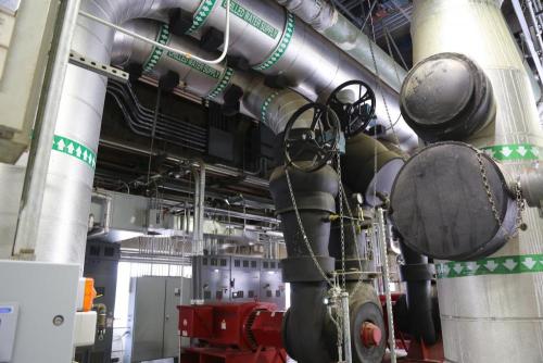 Chilled water supply pipes at the Central Heating and Cooling Plant. 